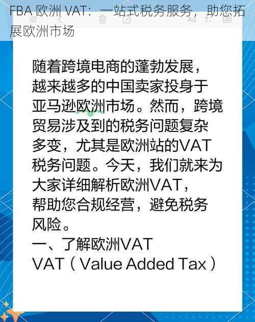 FBA 欧洲 VAT：一站式税务服务，助您拓展欧洲市场